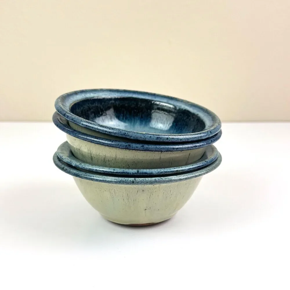 Vintage Studio Pottery Bowls / Set of 4 / Signed Blue Ceramic Stoneware Bowls